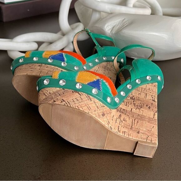 ALBA Peep Toe Platform Multicolor Patche Design Stitch Front Ankle Belt Size 7.5 - Picture 5 of 10